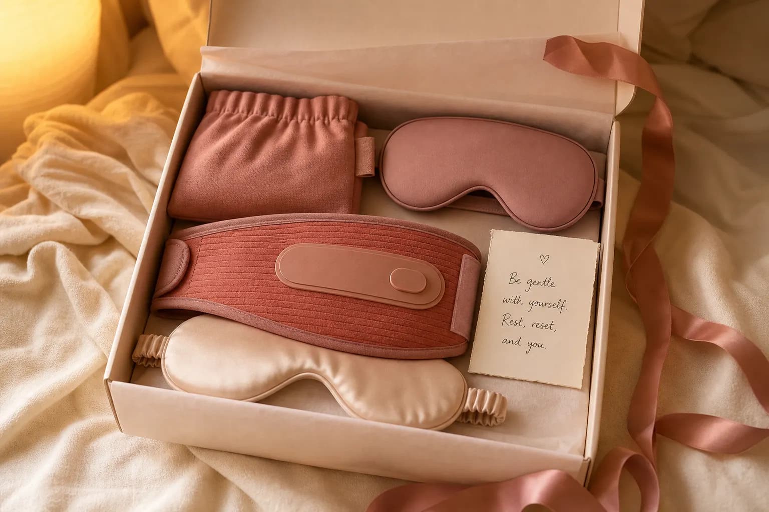 Self-care gift box with heating belt, eye mask, pouch and message card