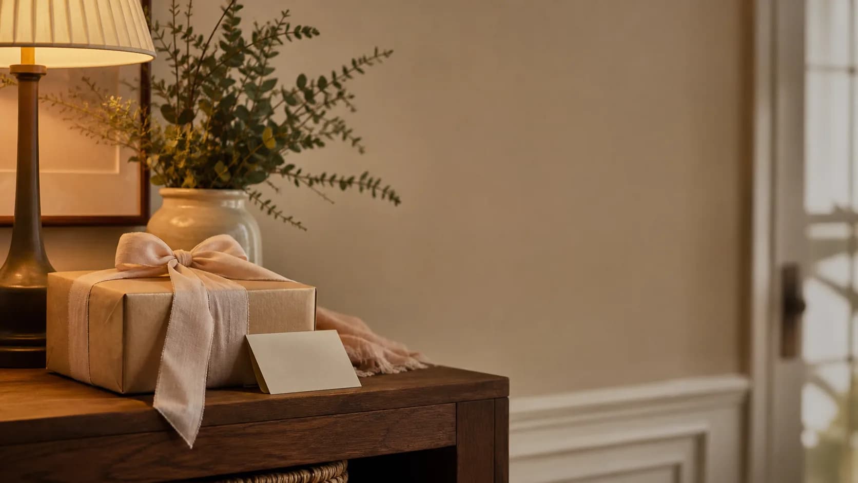Thoughtfully wrapped gift in a warm and peaceful home