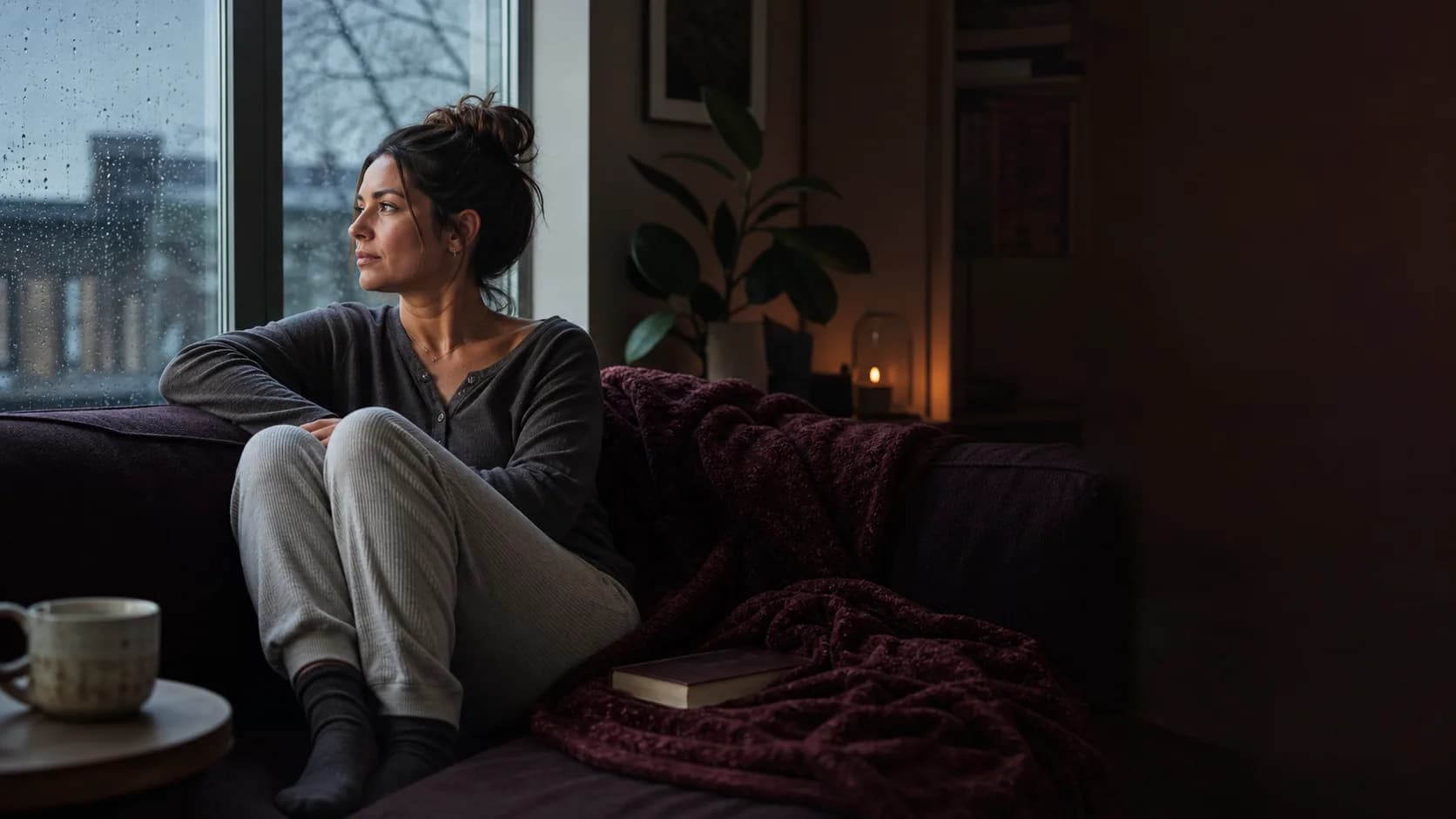 Woman taking a quiet restorative break beside a rainy window