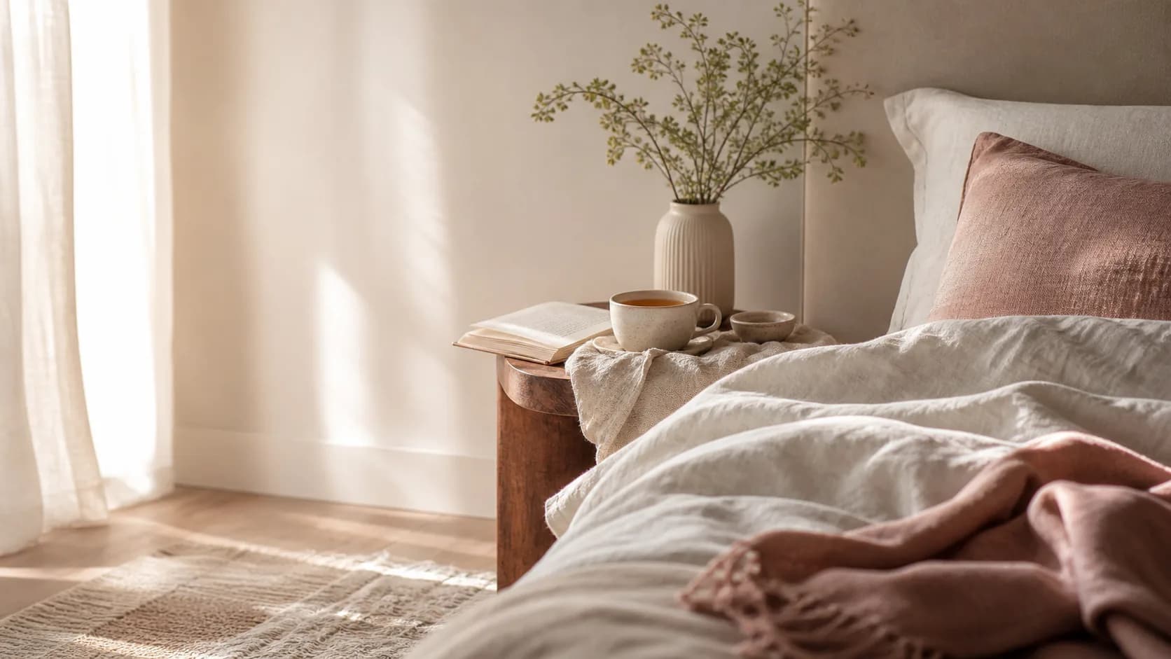 Soft sunlit bedroom prepared for a restful comfort ritual