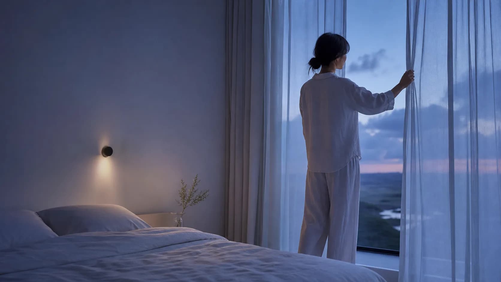 Woman drawing sheer curtains during a quiet evening bedtime ritual