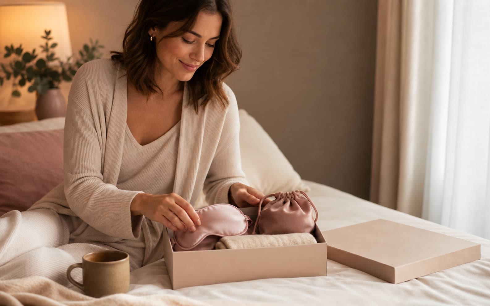 Woman arranging a soft self-care kit in a warm bedroom ritual