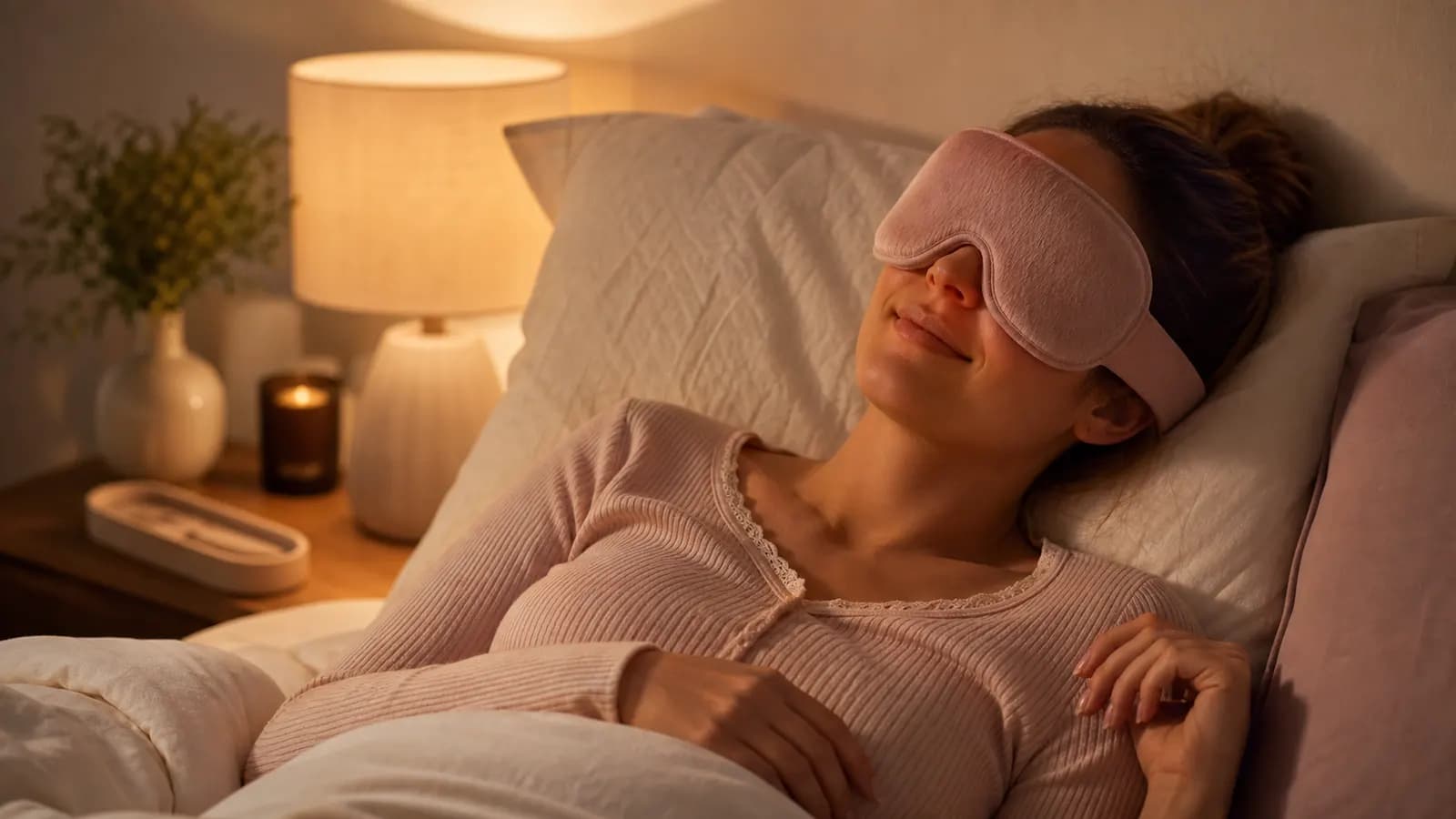 Woman wearing a soft sleep mask during a calm bedtime ritual