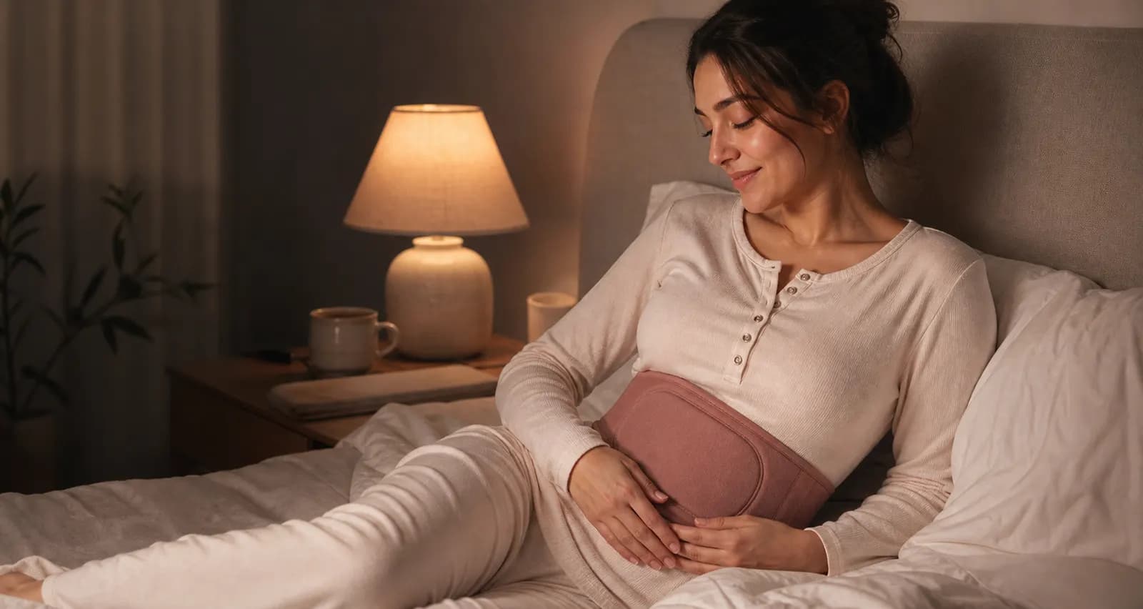 Woman wearing a portable comfort heating belt during a quiet evening at home