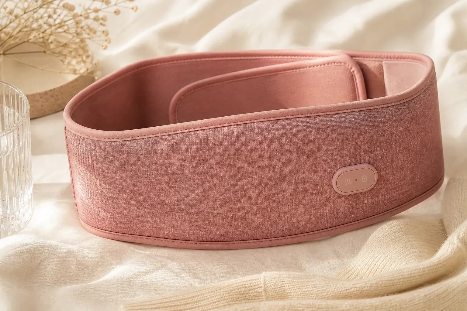 Close detail of a soft wearable heating belt for period comfort