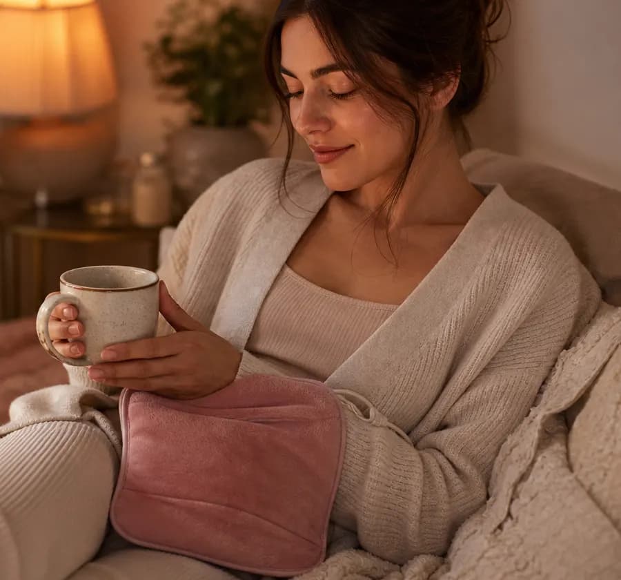 Woman relaxing on a sofa with a wearable heating belt for period comfort