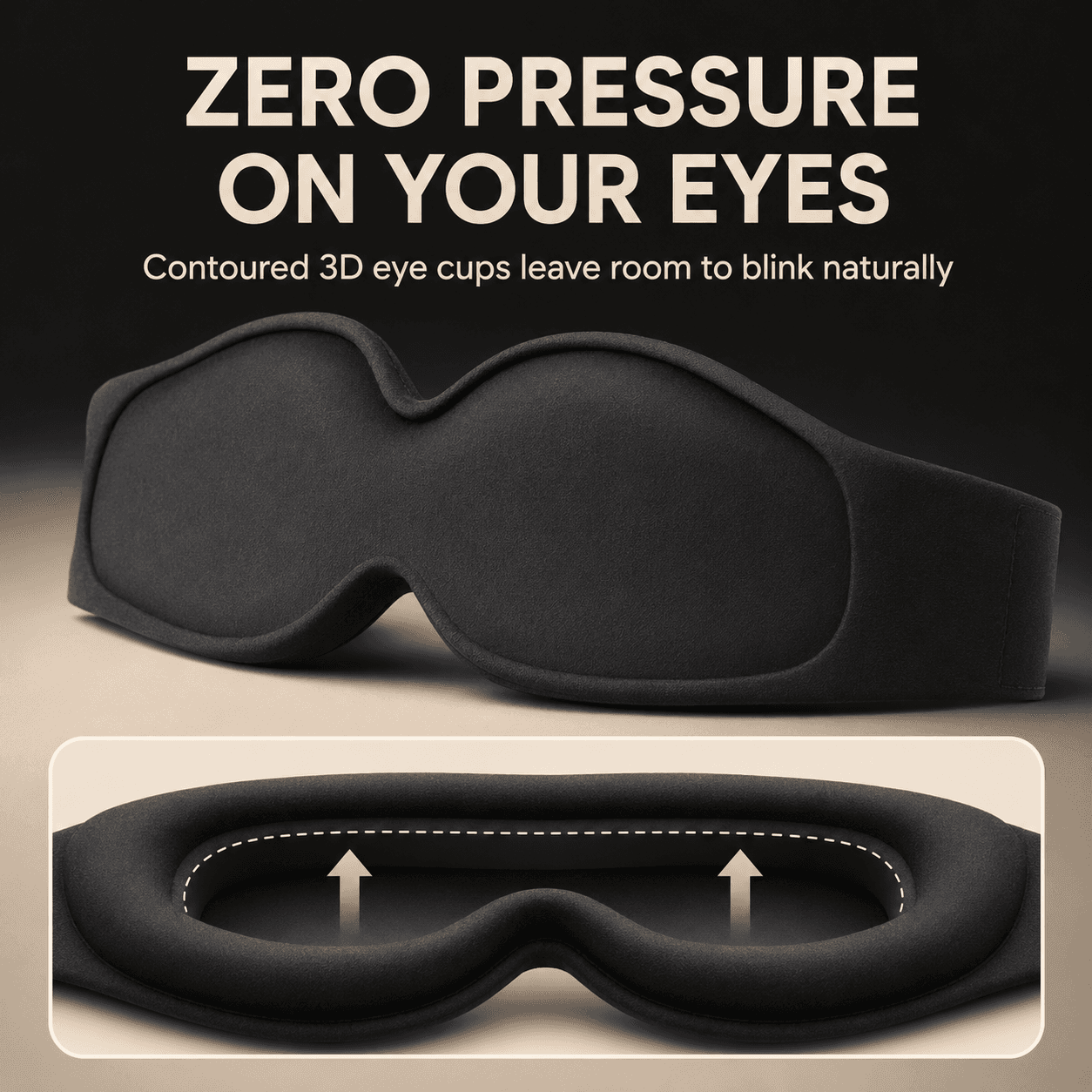 Deep 3D contoured eye cups on a memory foam sleep mask