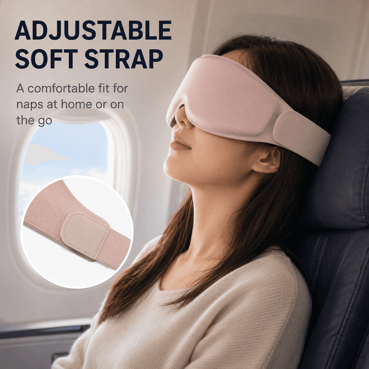 Adjustable Velcro strap on a 3D memory foam sleep mask