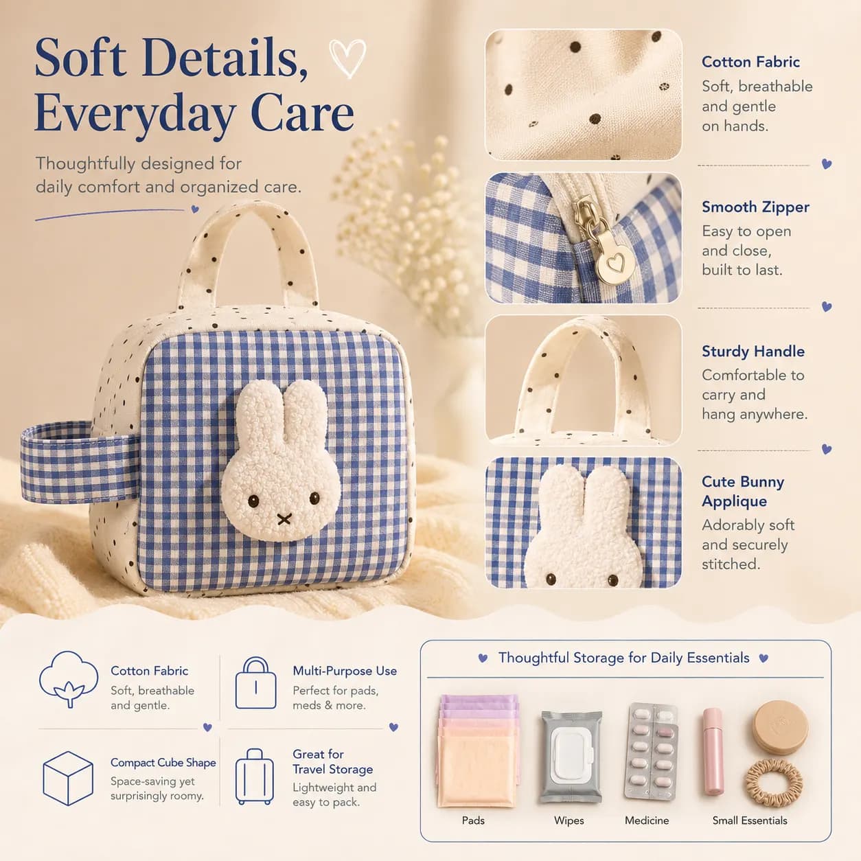 Period care pouch cotton fabric, zipper and handle details