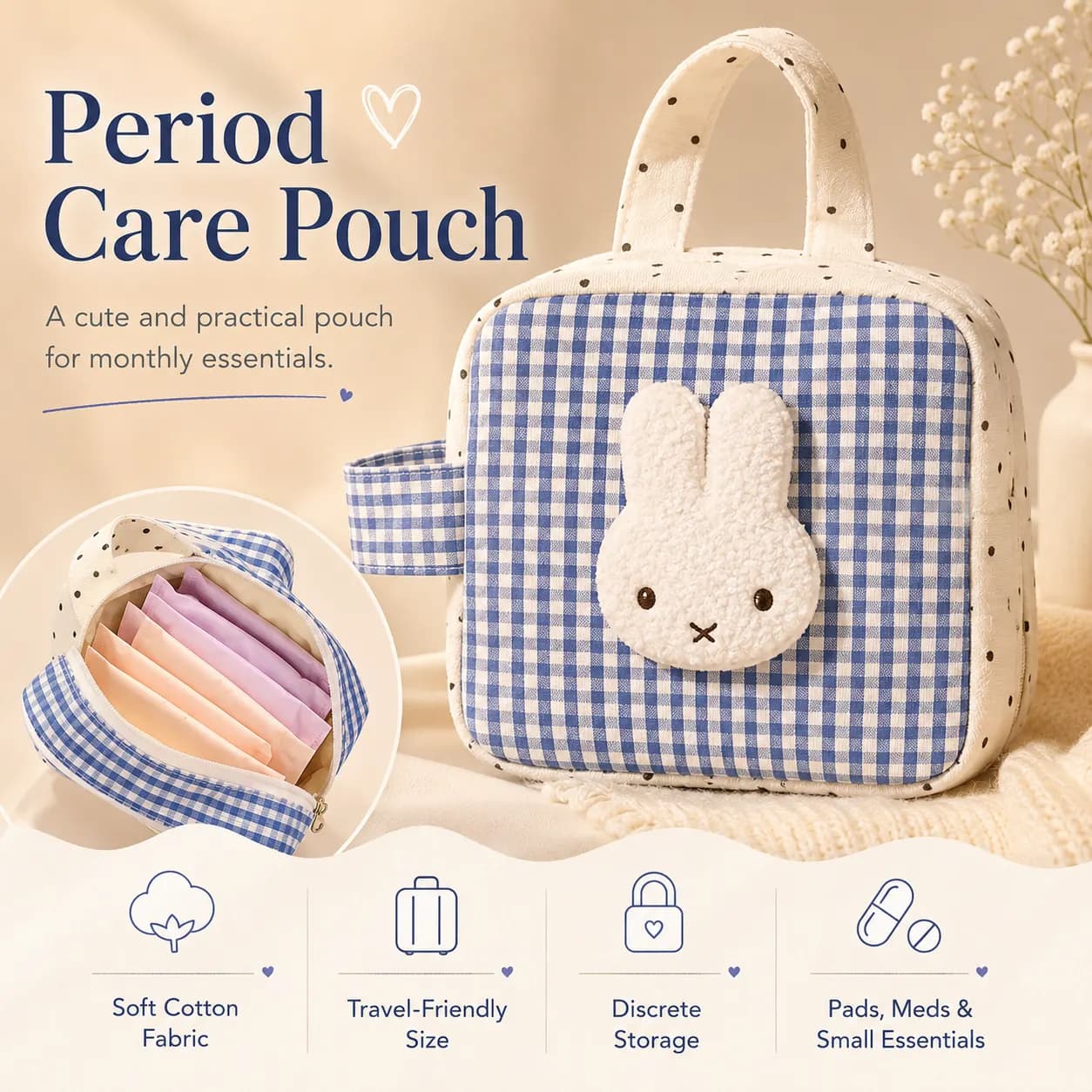 Blue gingham period care organizer pouch with bunny applique for monthly essentials