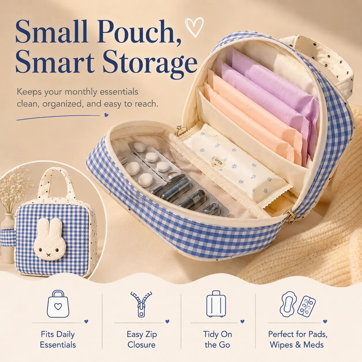 Open period care pouch with pads, wipes and small essentials