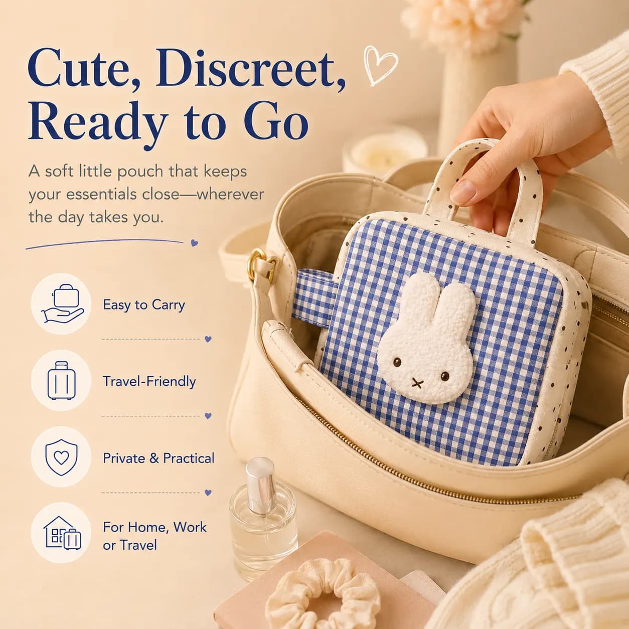 Period care pouch placed in a handbag for discreet travel storage
