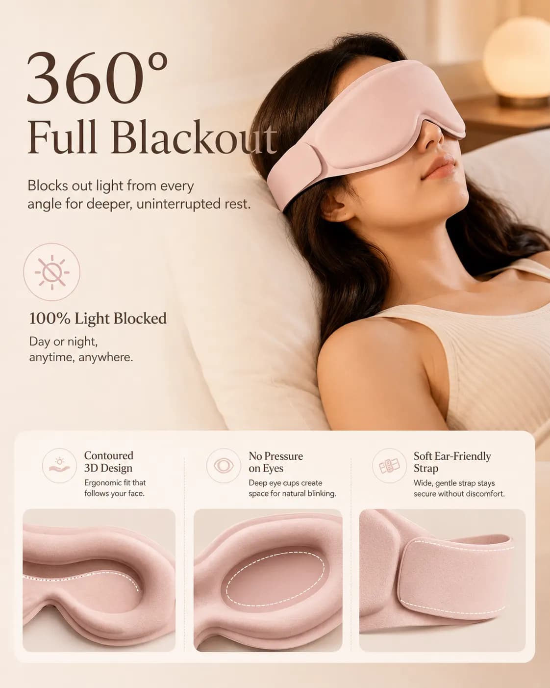 3D sleep mask blackout and contoured eye cup details
