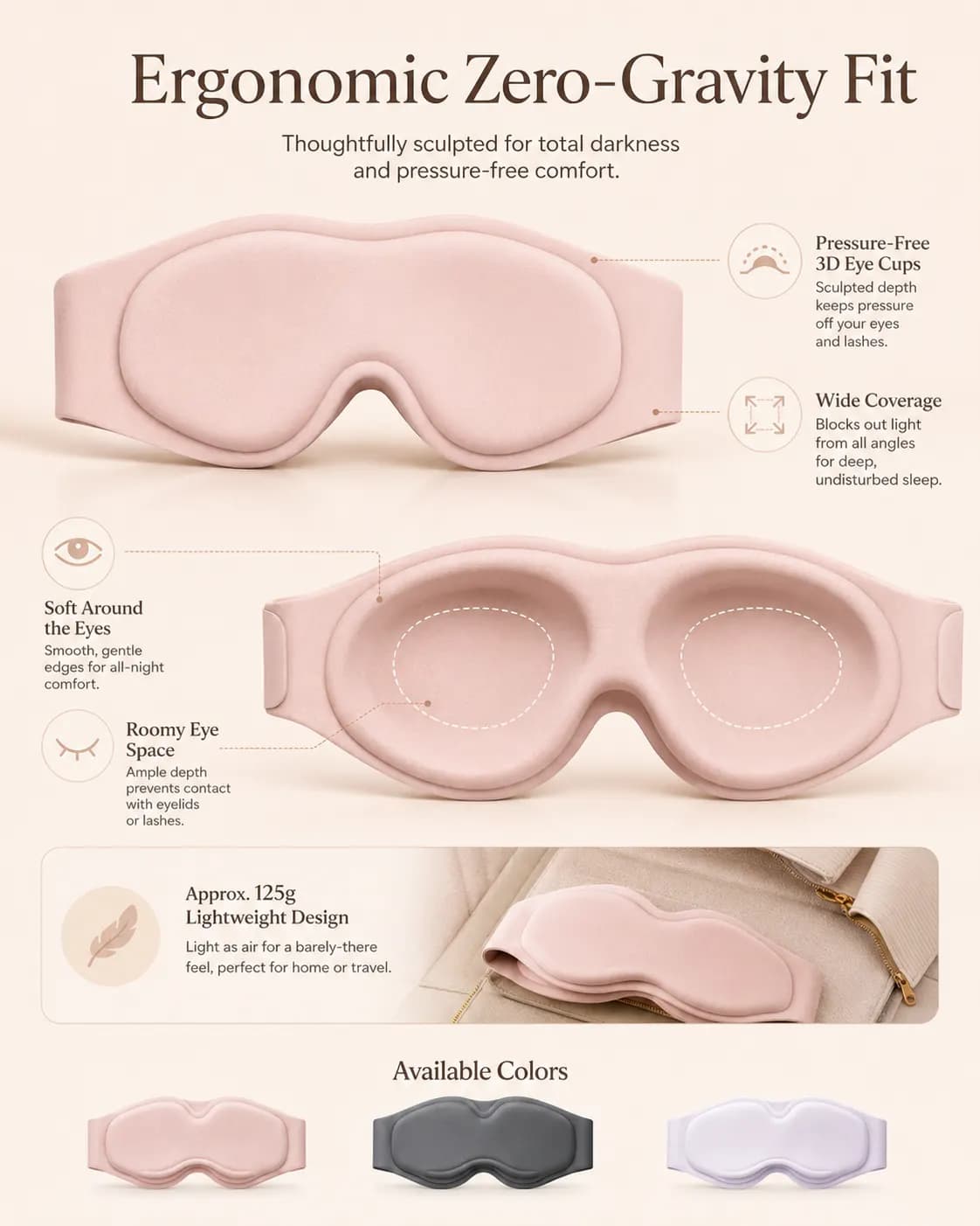 3D zero pressure sleep mask ergonomic fit and available colors