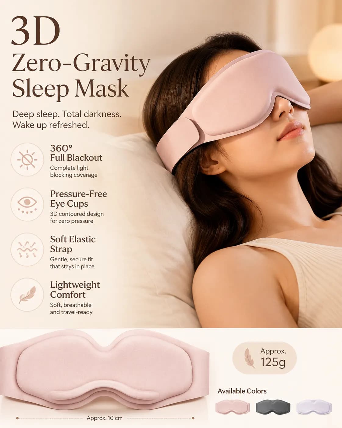 Woman wearing a pink 3D zero pressure sleep mask in warm bedroom light